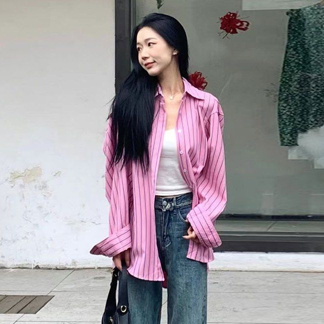 秋季女裝長袖條紋襯衫女外穿內搭寬鬆胖mm大碼顯瘦疊穿襯衣上衣