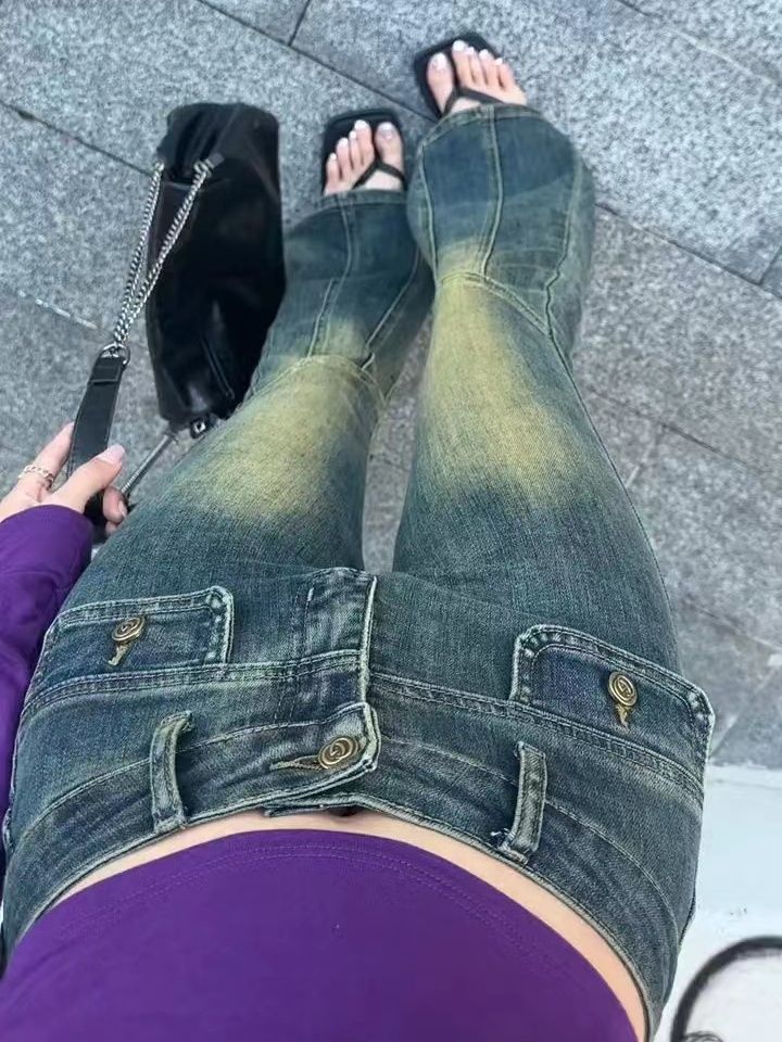 小個子復古黃懷舊藍辣妹微喇牛仔褲女設計感翹臀顯瘦修身馬蹄長褲