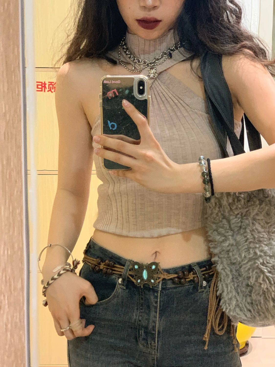 純欲風辣妹性感露肩掛脖毛衣秋冬季針織背心修身內搭打底衫上衣女