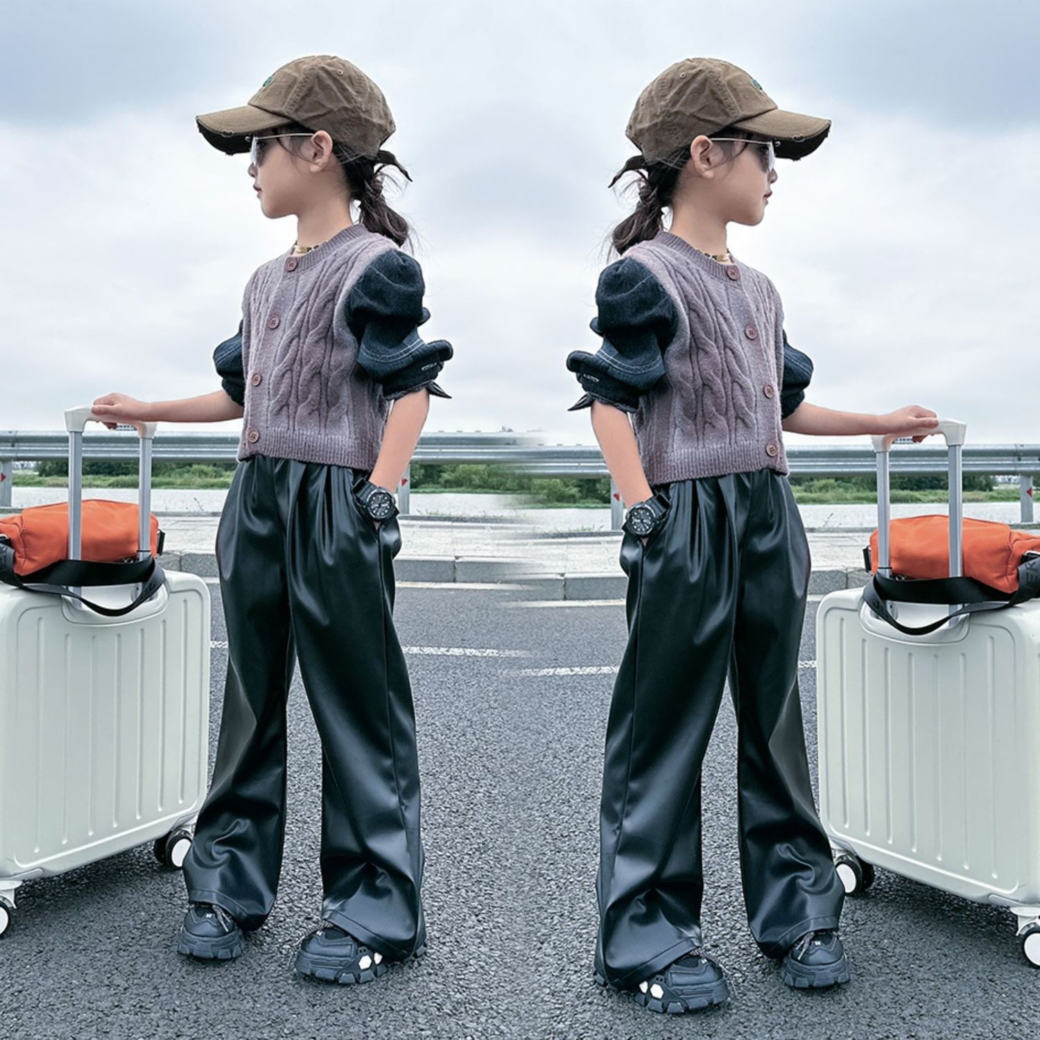 女童秋冬毛衣套裝2023新款兒童時髦潮流拼接針織衫女孩長褲兩件套