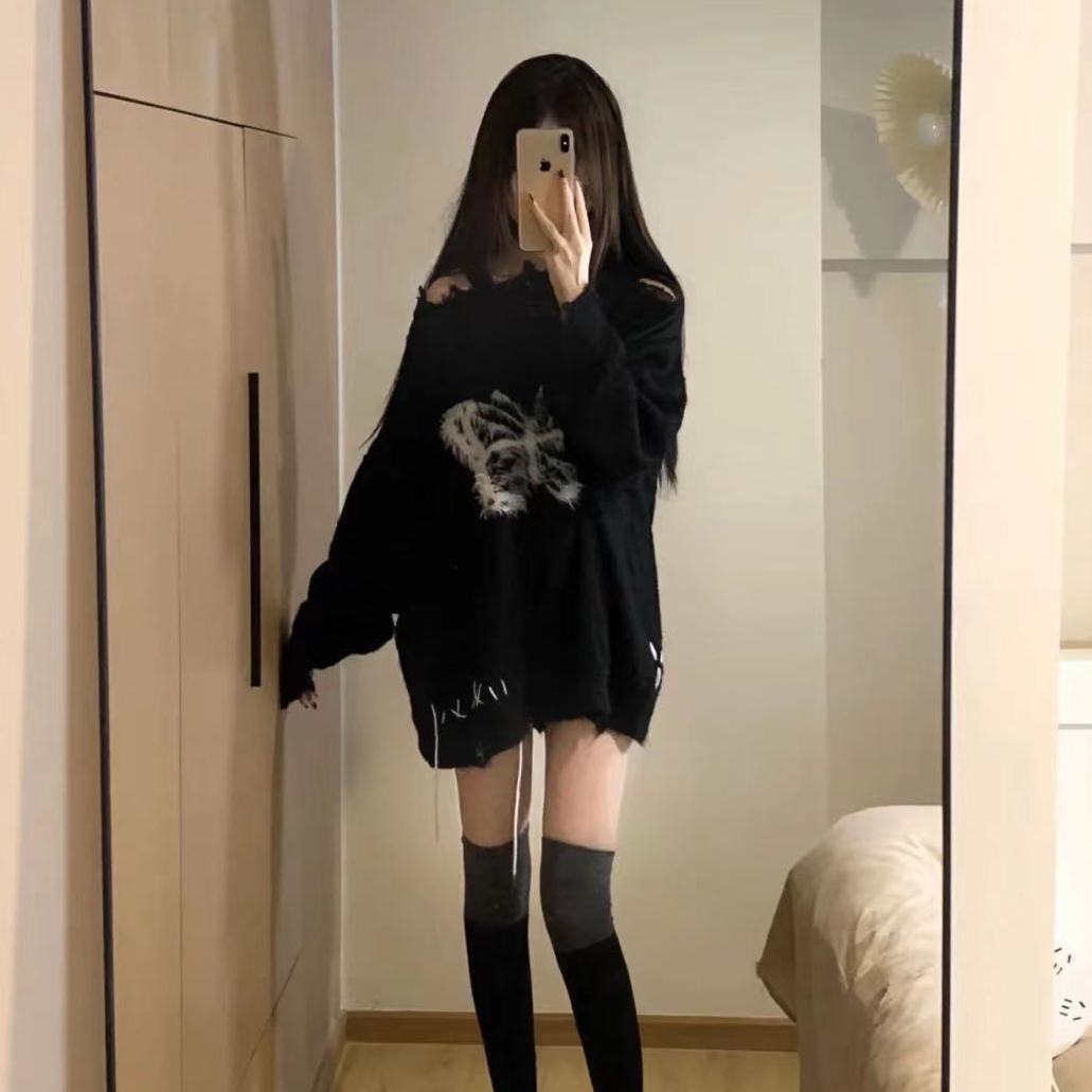 秋冬季韓版氣質破洞露肩蝴蝶結針織衫上衣女慵懶風百搭小眾毛衣潮