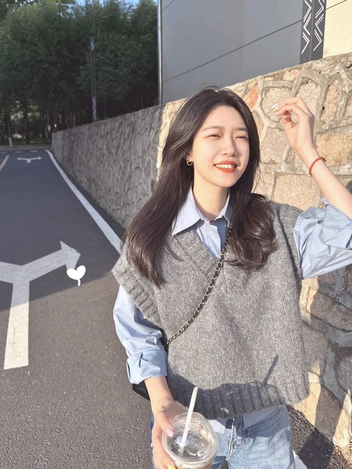 秋冬季小香風純藍色襯衫灰色背心針織馬甲毛衣疊穿襯衣兩件套套裝