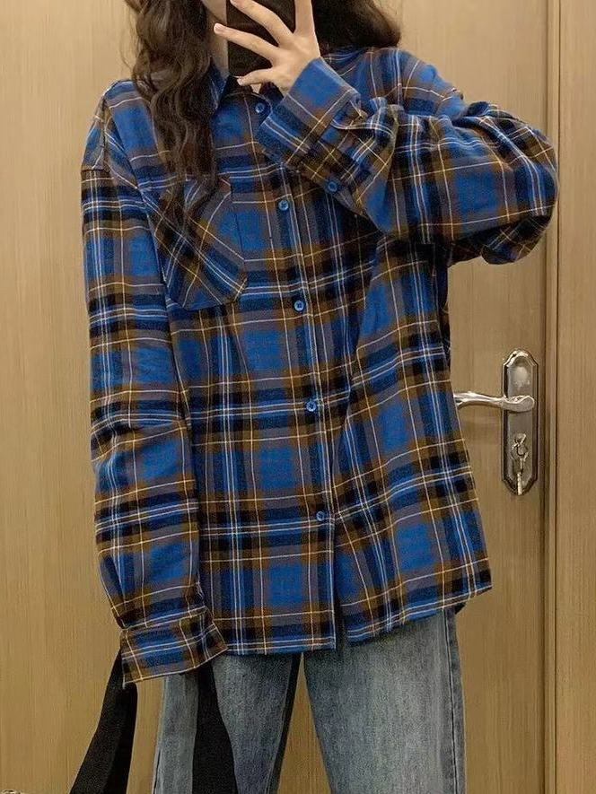 復古潮流chic藍色格子襯衫女2024春秋季新款百搭休閒中長款襯衣服