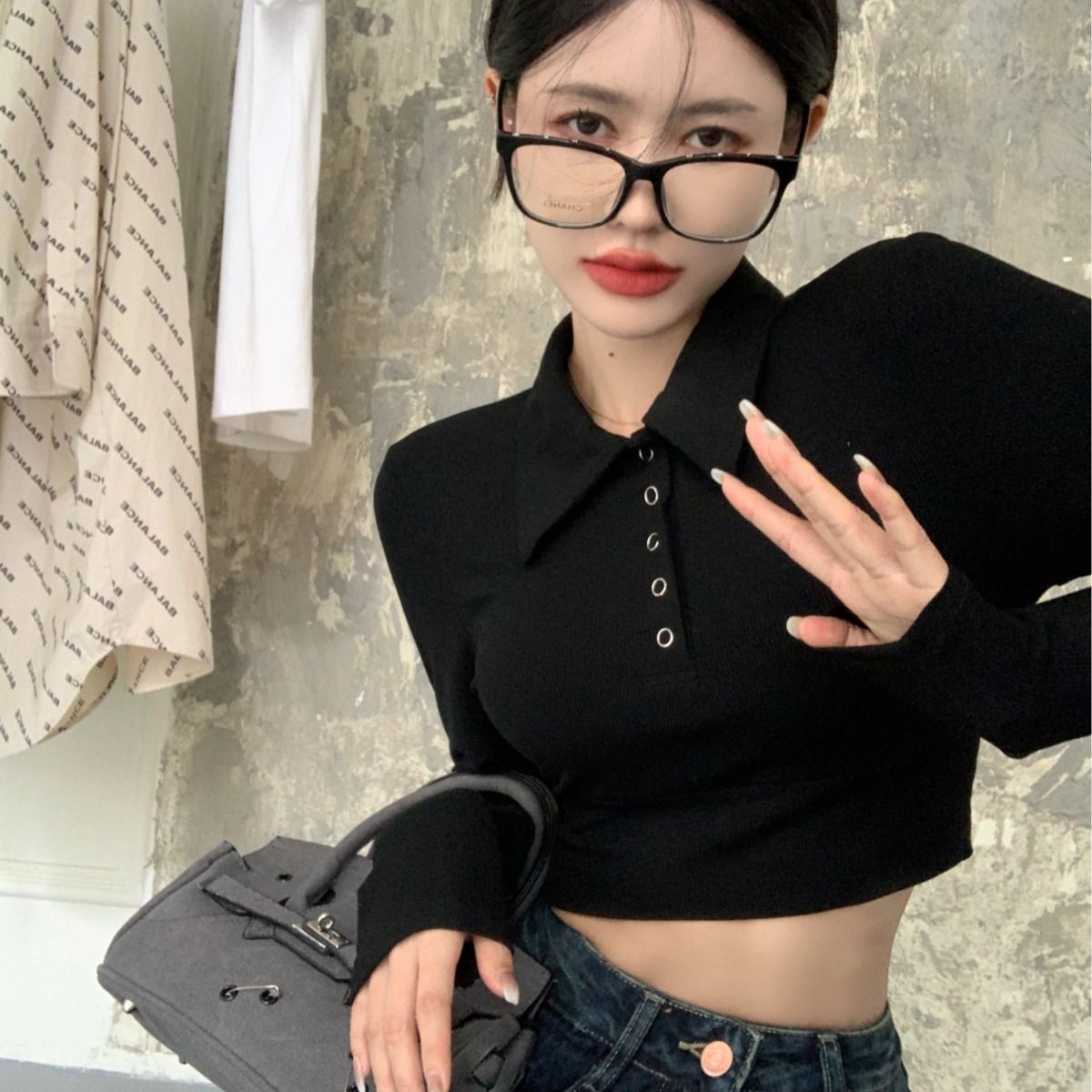 甜辣妹正肩長袖T恤女設計感顯瘦polo領打底衫爵士舞jazz短款上衣