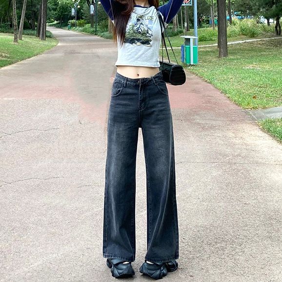 港風復古藍灰色闊腿牛仔褲女秋季新款寬鬆顯瘦垂感直筒拖地長褲子