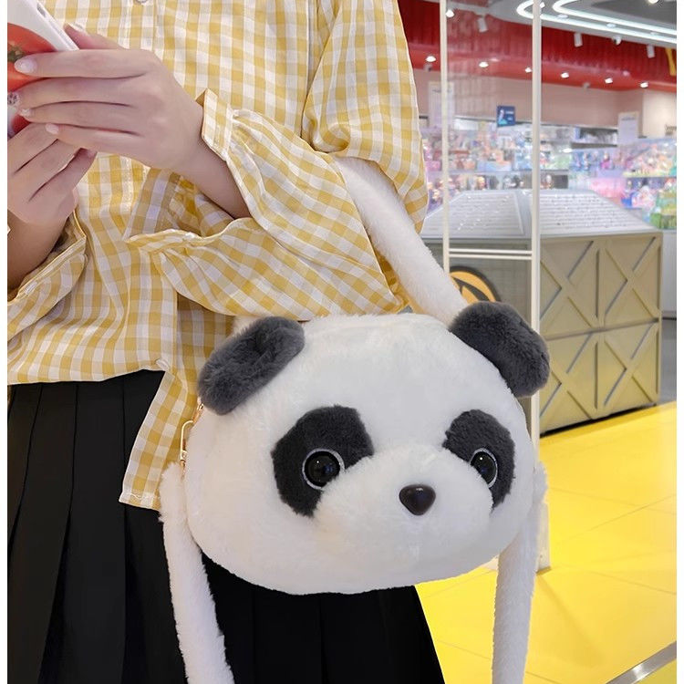 日系可愛毛絨熊貓頭包包軟妹卡通玩偶手提包百搭JK少女學生斜挎包