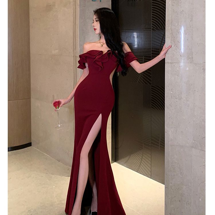 Hotel banquet pure desire high slit dress nightclub temperament one-shoulder tube top dress hip-covering evening dress