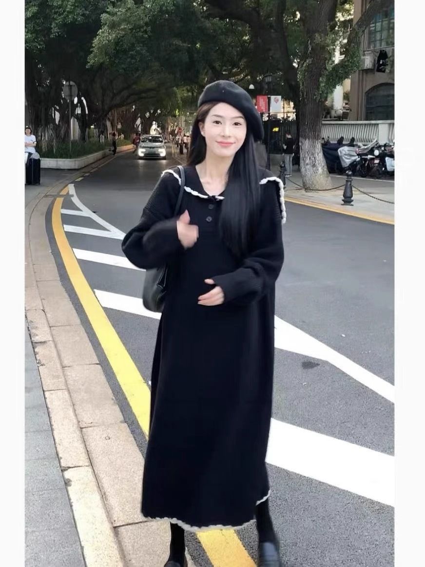 秋冬裝海軍領針織衫女上衣高級感穿搭小個子打底毛衣中長款連衣裙