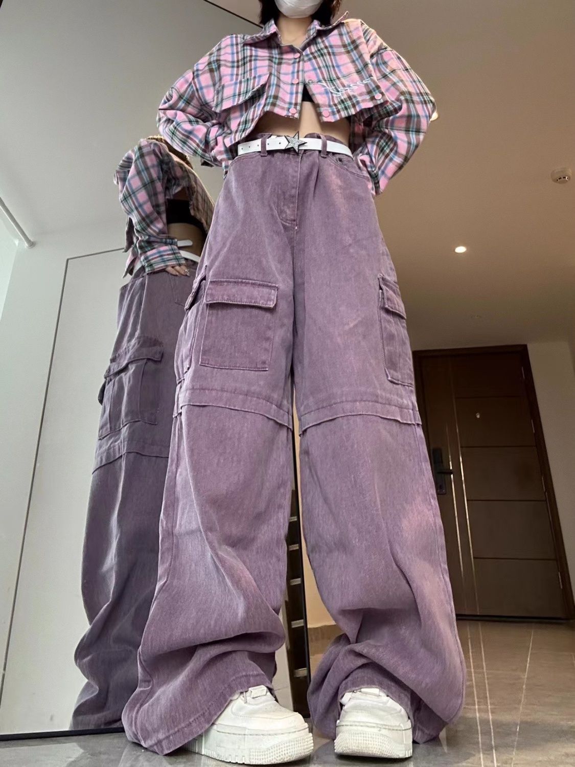 美式復古紫色工裝牛仔褲女春秋高街hiphop高腰寬鬆顯瘦闊腿拖地褲