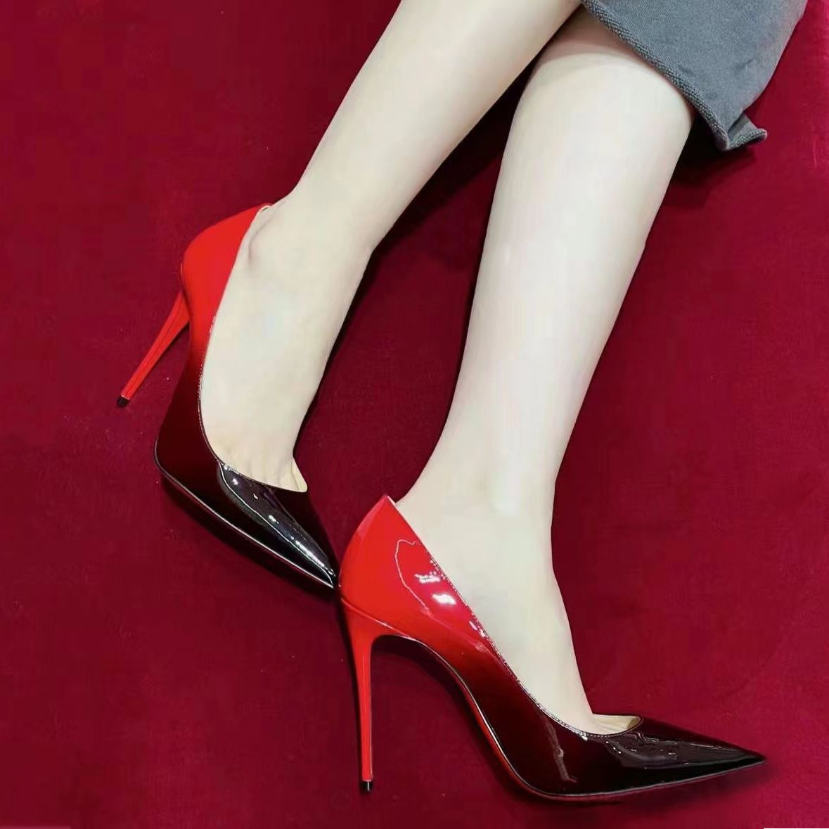 New [Black and Red Gradient Color] Patent Leather High Heels Women's Stiletto Heel Pointed Toe Shallow Mouth Sexy Red Soled Shoes