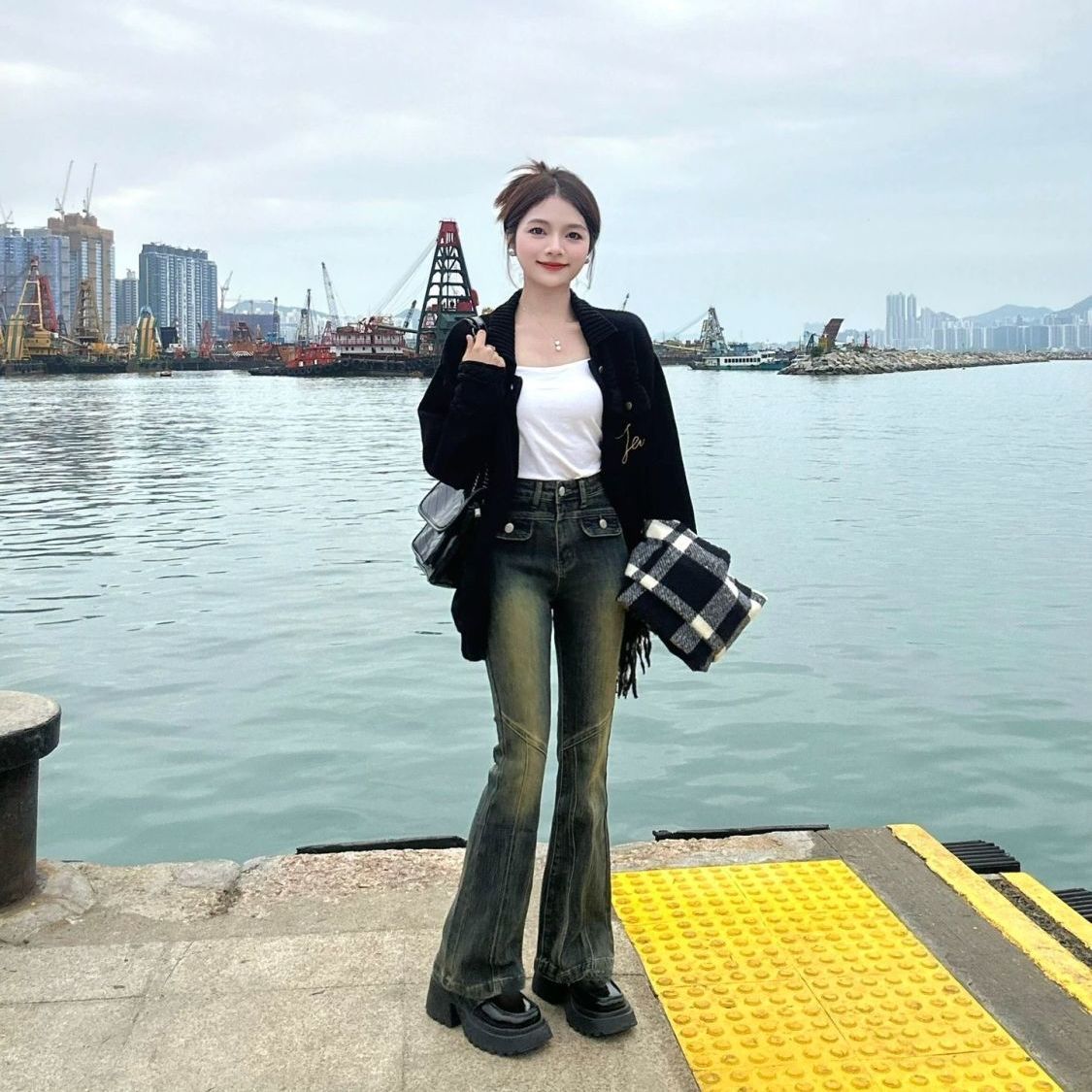 復古做舊高腰微喇牛仔褲女小個子辣妹彈力直筒顯瘦拖地馬蹄長褲潮