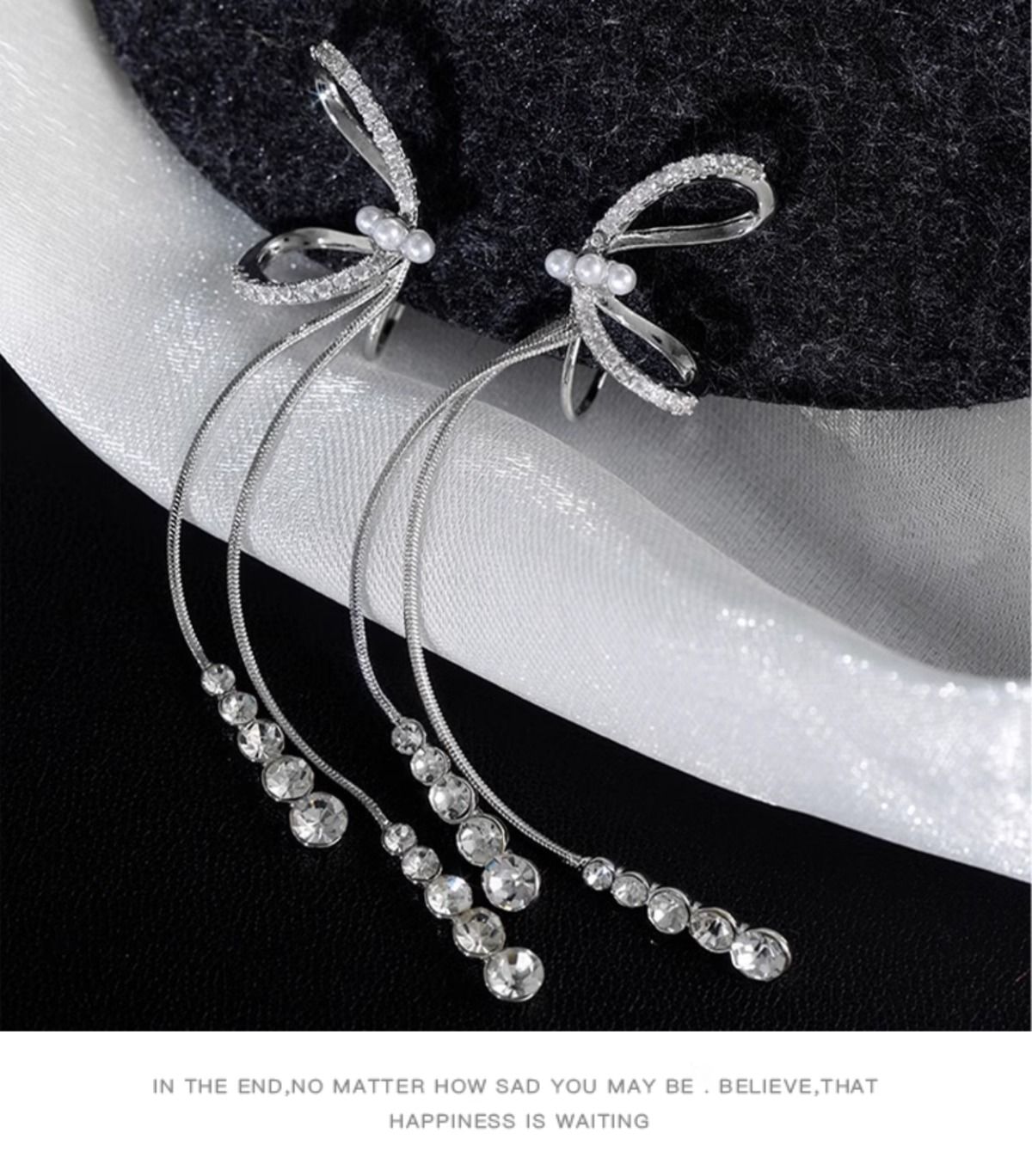 Long Bridal Drop Earrings With French Bow And Silver Tassels_voghion.com