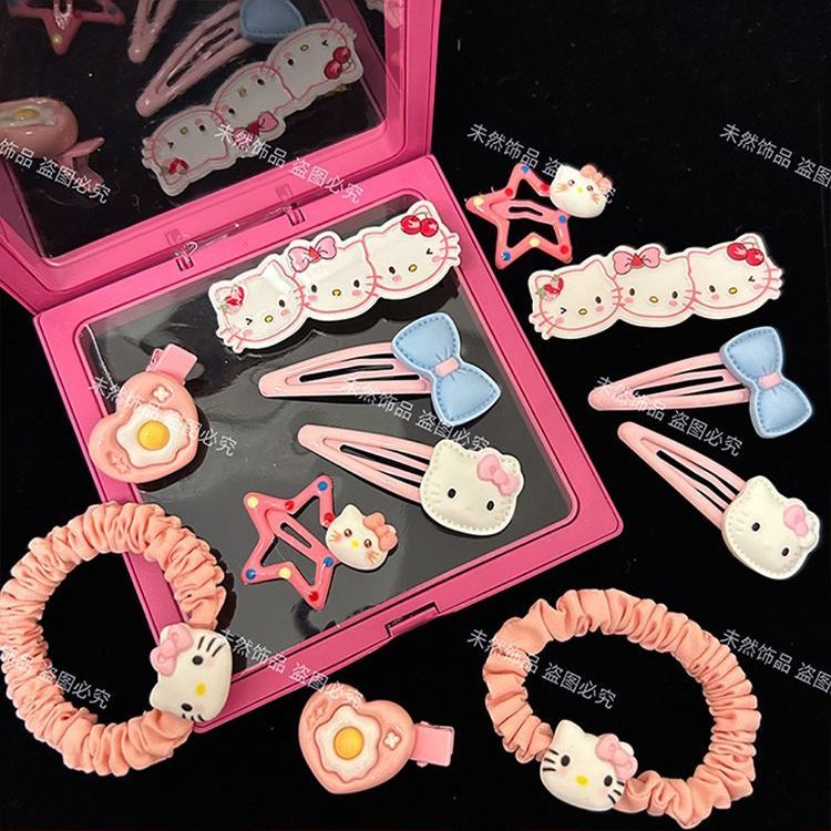 可愛卡通hellokitty髮夾12件套bb夾鴨嘴夾少女心kt貓發卡發圈頭繩
