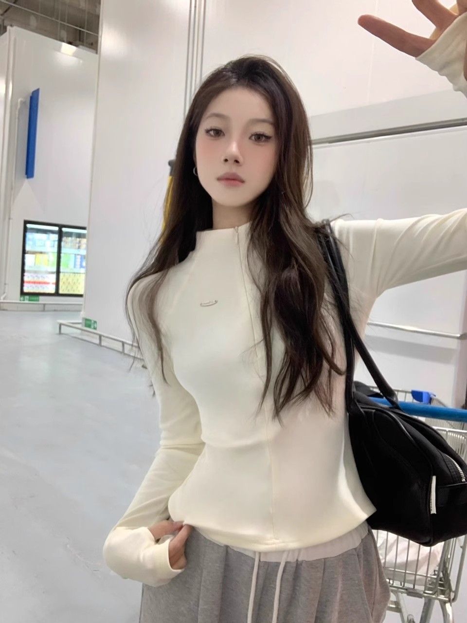 高級感內搭加絨長袖t恤女裝冬季小個子拉鏈立領修身百搭打底上衣