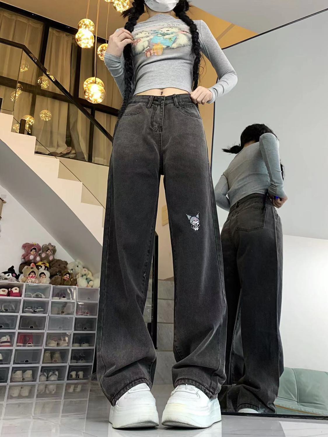美式ins復古漸變闊腿牛仔褲女秋冬高街設計感高腰寬鬆顯瘦直筒褲