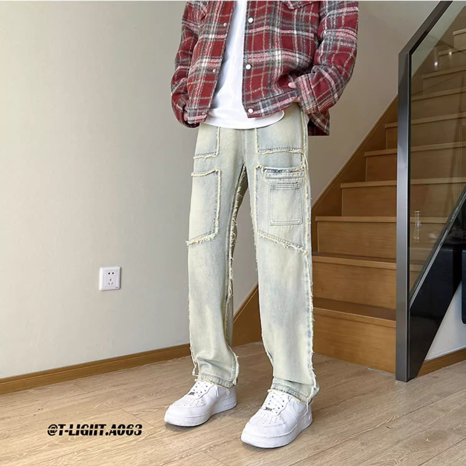 Amerikanische Trendmarke Cool Street Style Herren Retro Vintage Fransen Patchwork Arbeits-Denim Lange Hose_voghion.com