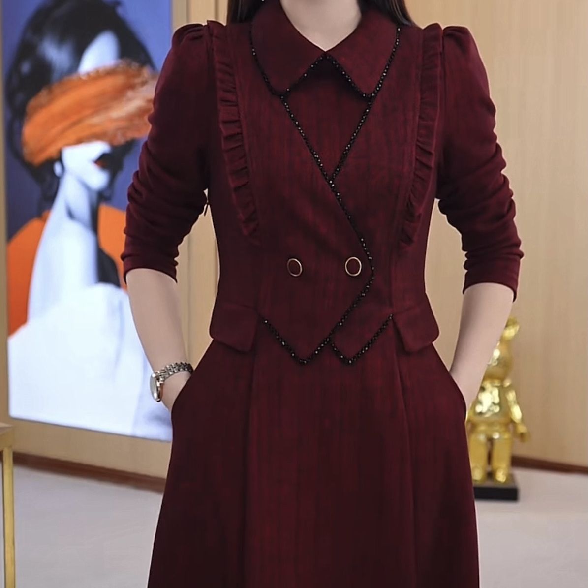 小香風高檔雪呢絨連衣裙2024新款春季女裝氣質娃娃領假兩件套裙子