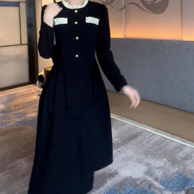 春裝新款女春秋大碼胖MM黑色連衣裙子長裙法式穿搭赫本風富家千金