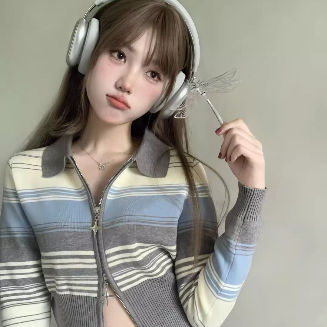 Double-open zipper gray and blue knitted cardigan, shoulder waist, striped gradient, versatile and durable sweater, women's short top, autumn