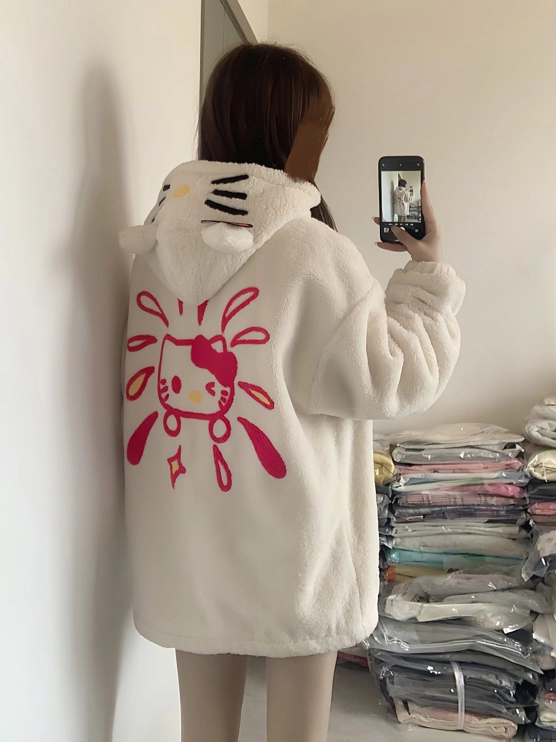 凱蒂刺繡慵懶羊羔可愛寬鬆卡通連帽加絨加厚棉衣羊羔絨外套棉服