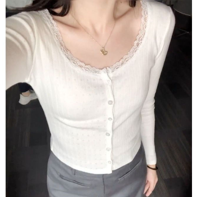 秋季韓版方領蕾絲拼接設計感t恤女內搭長袖打底衫修身甜美上衣