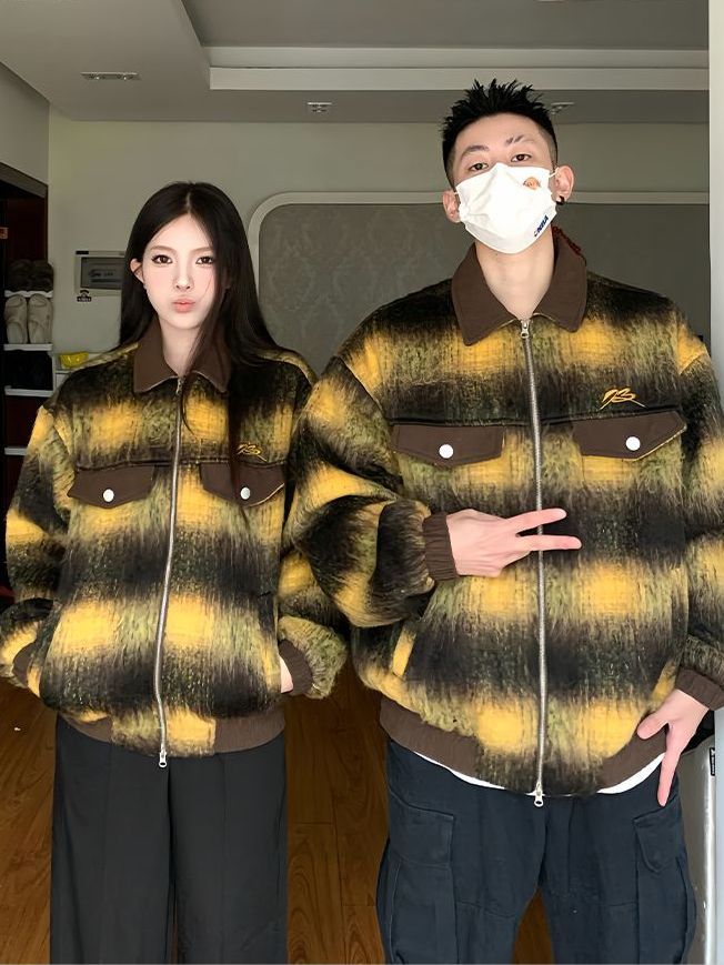 Double zipper plaid woolen  autumn and winter double-layered lining retro gradient jacket lapel loose jacket for men and women