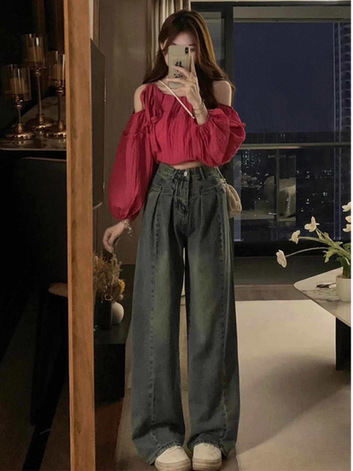 美式抽褶復古闊腿牛仔褲女秋冬高街辣妹寬鬆顯瘦慵懶垂感長褲潮春