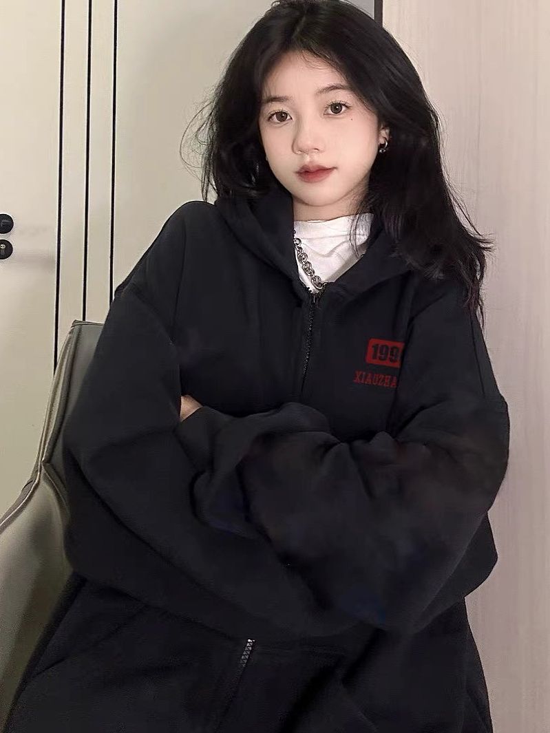 港味chic復古黑色衛衣女冬季加絨加厚寬鬆慵懶休閒小個子連帽外套
