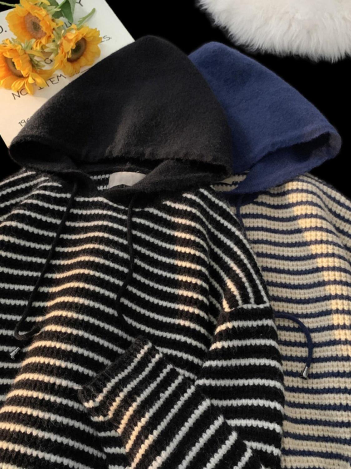 条纹连帽针织衫外套男士2023年冬季新款设计感宽松韩系慵懒风毛衣