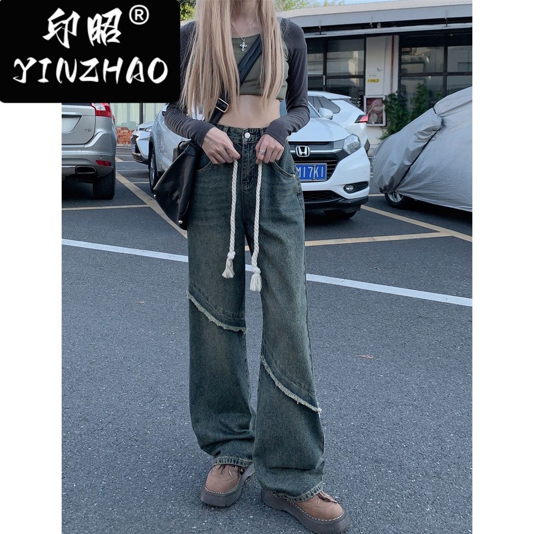 【印昭YINZHAO】牛仔褲女寬鬆毛邊設計感做舊復古高腰直筒闊腿褲