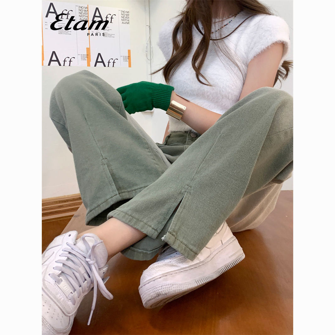 ETAM开叉直筒牛仔裤女夏高腰显瘦设计感小众宽松渐变拖地阔腿裤子