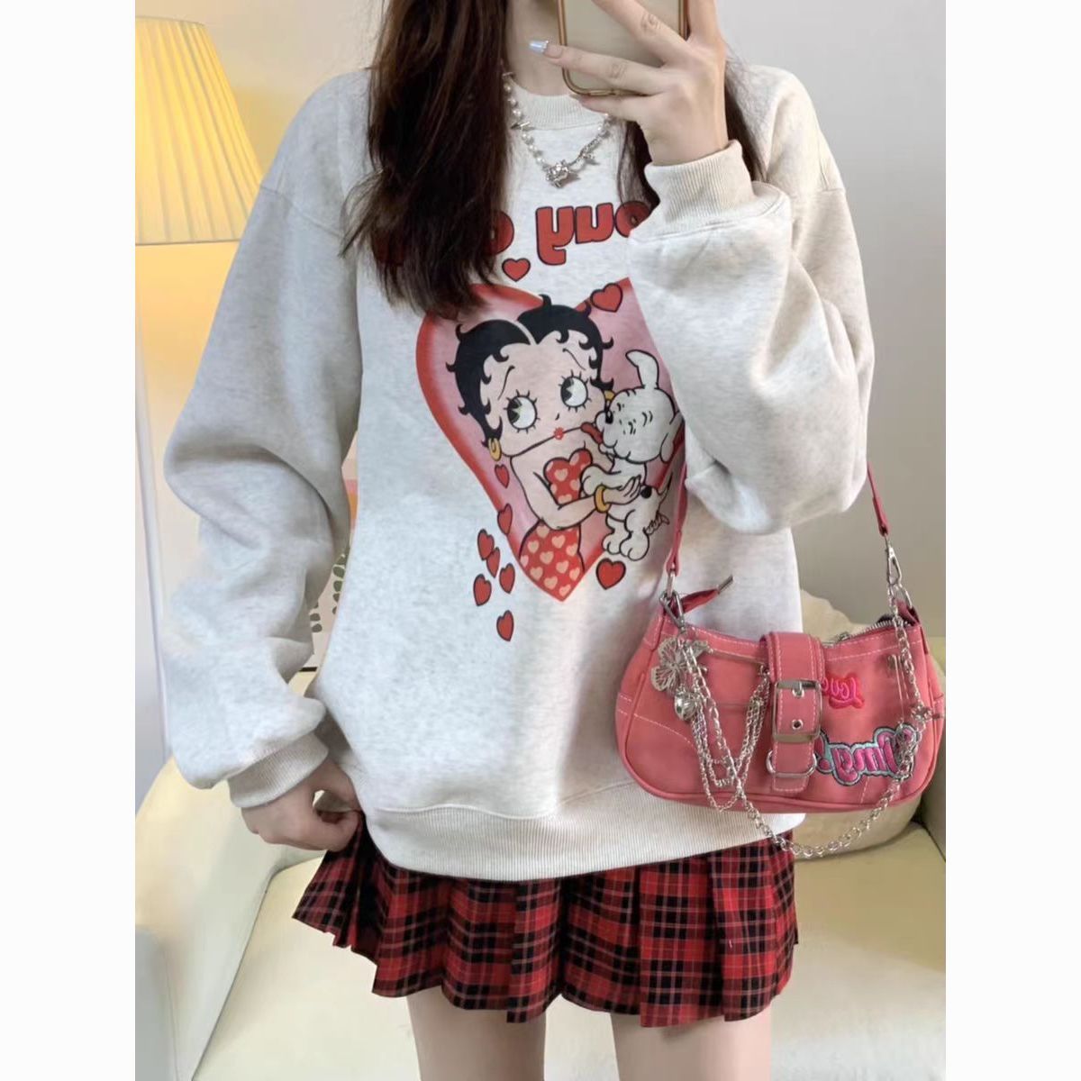 美式复古贝蒂小狗印花宽松oversized卫衣女慵懒风小众学生上衣服