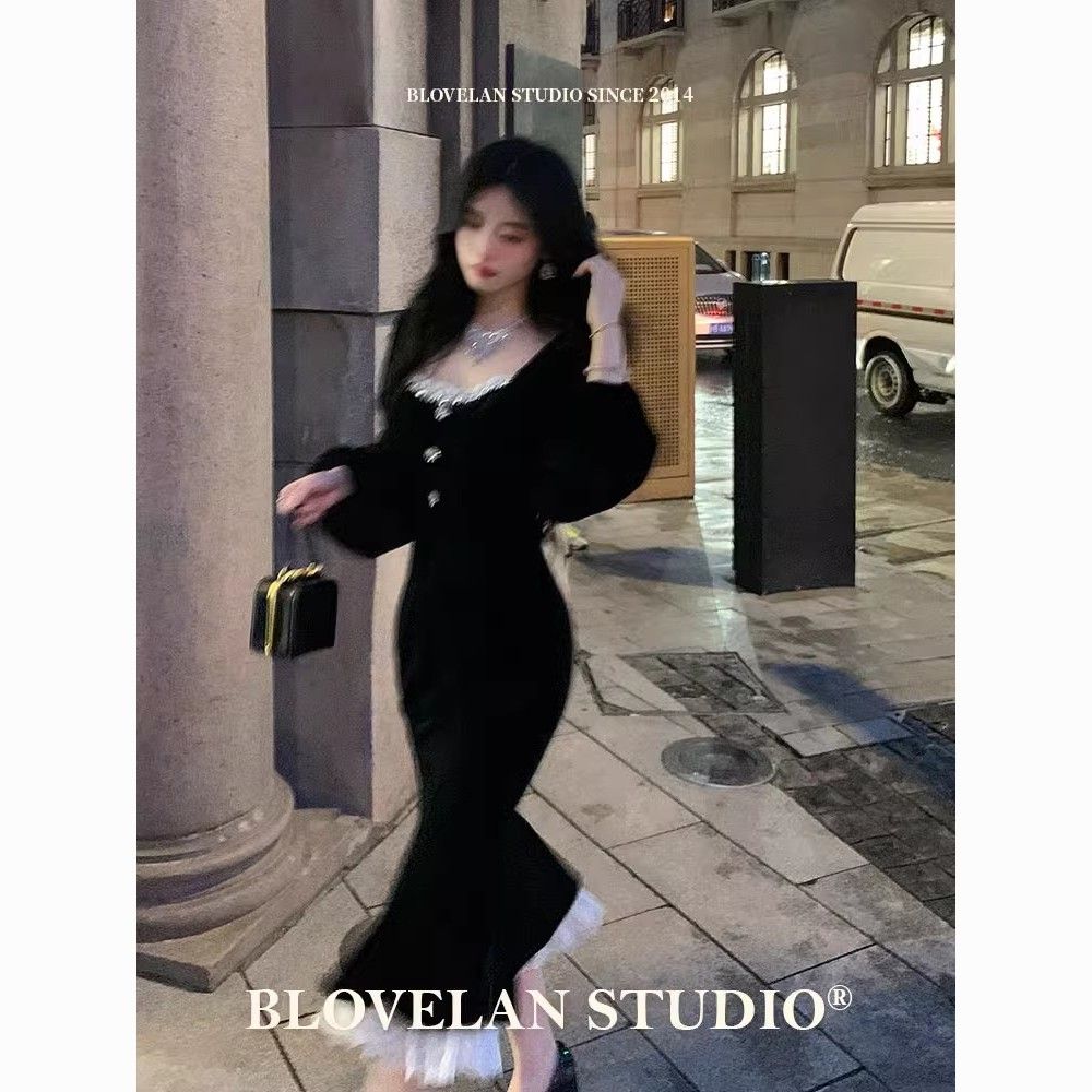高级感丝绒显瘦长袖连衣裙秋冬款内搭美拉德打底小黑裙修身鱼尾裙