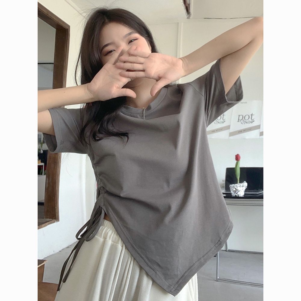 大碼女裝遮肚子不規則正肩短袖T恤女夏季胖妹妹寬鬆開叉別致上衣
