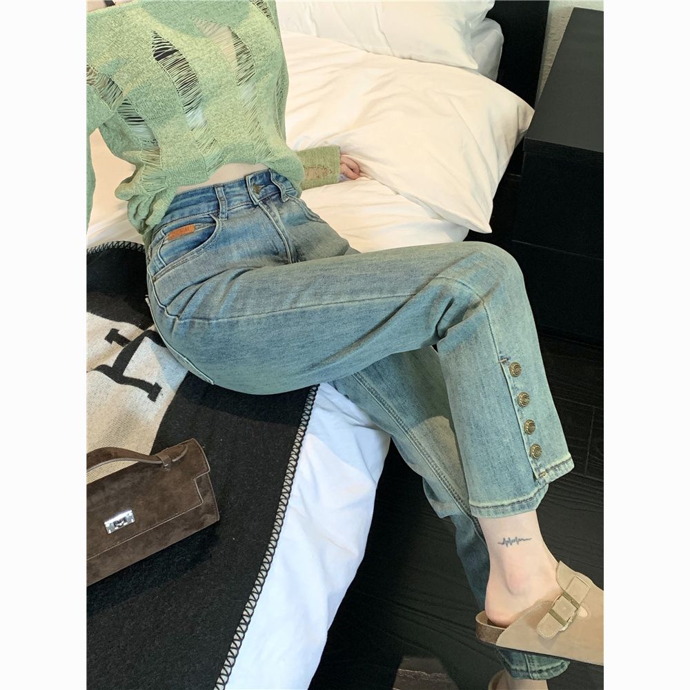 牛仔裤修身款女窄版直筒设计感开叉小个子高腰显瘦浅色弹力裤子潮