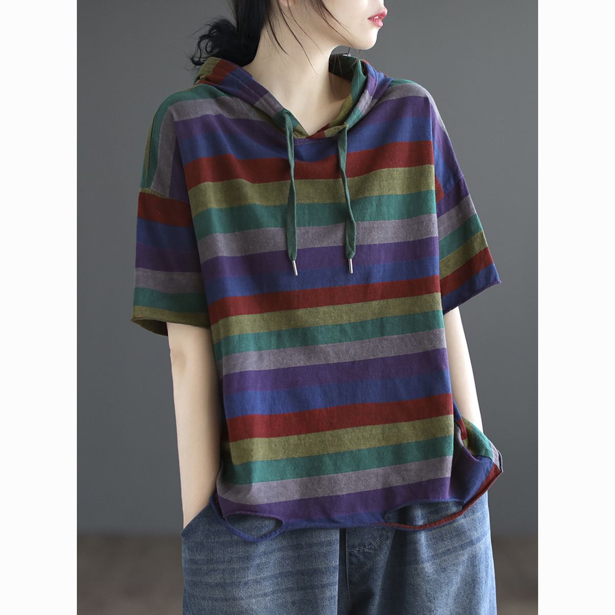 文藝復古條紋短袖t恤女2023夏季新款寬鬆大碼顯瘦減齡連帽衛衣女