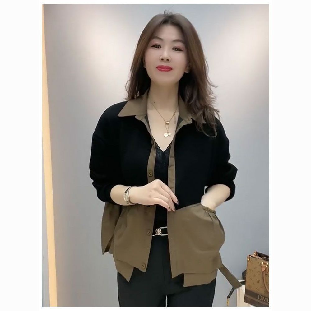  high-end contrasting color stitching women's jacket spring new style polo collar double pocket loose casual mom wear