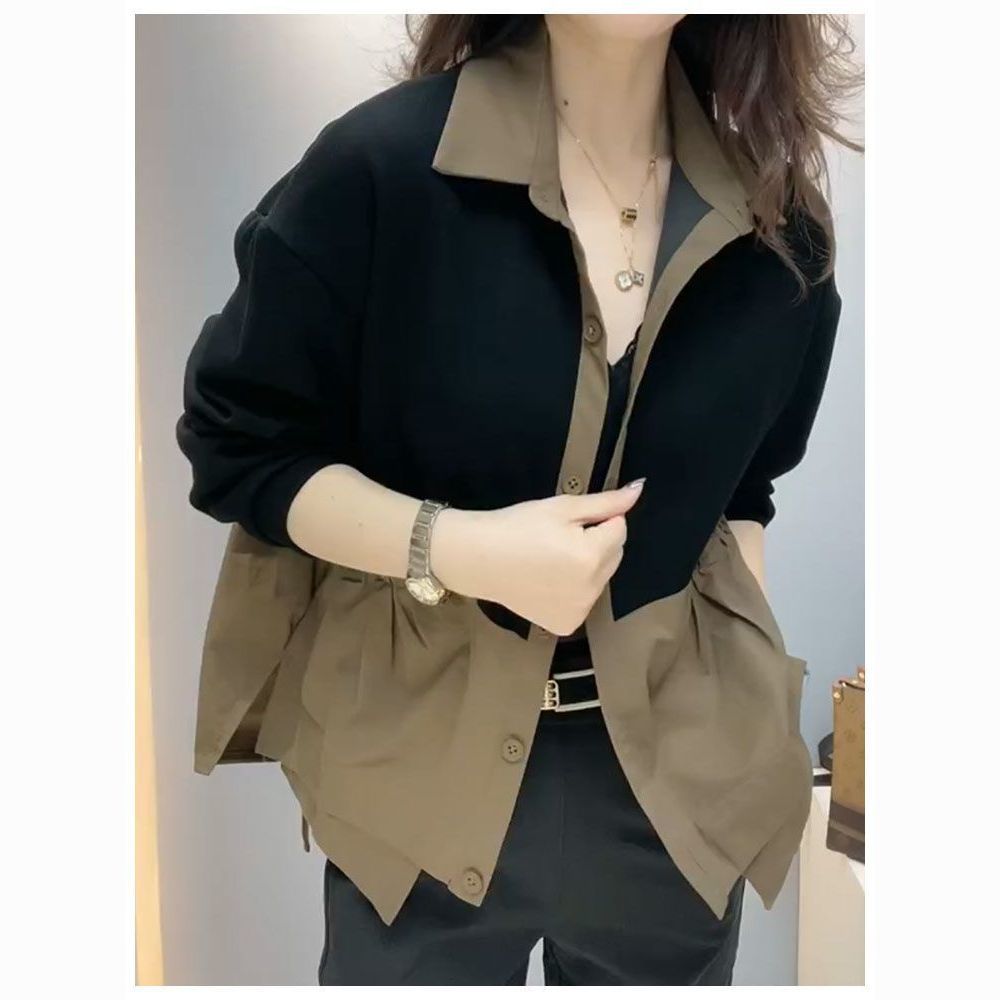  high-end contrasting color stitching women's jacket spring new style polo collar double pocket loose casual mom wear