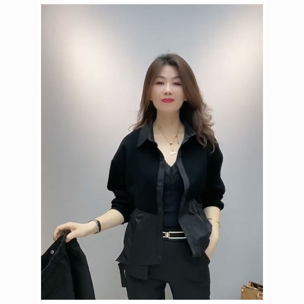  high-end contrasting color stitching women's jacket spring new style polo collar double pocket loose casual mom wear