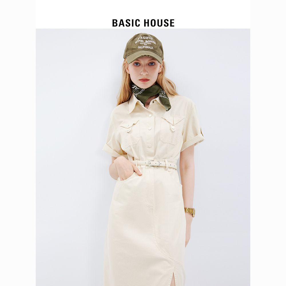 Basic House/百家好牛仔连衣裙女2023夏季新款工装收腰显瘦牛仔裙