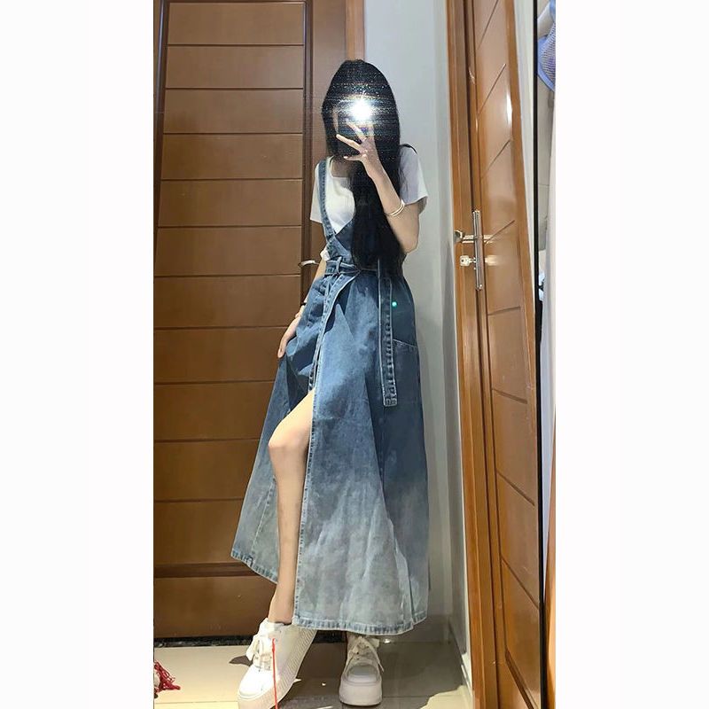 慵懶復古系帶收腰漸變色背帶牛仔裙套裝女夏季新款設計感短款上衣