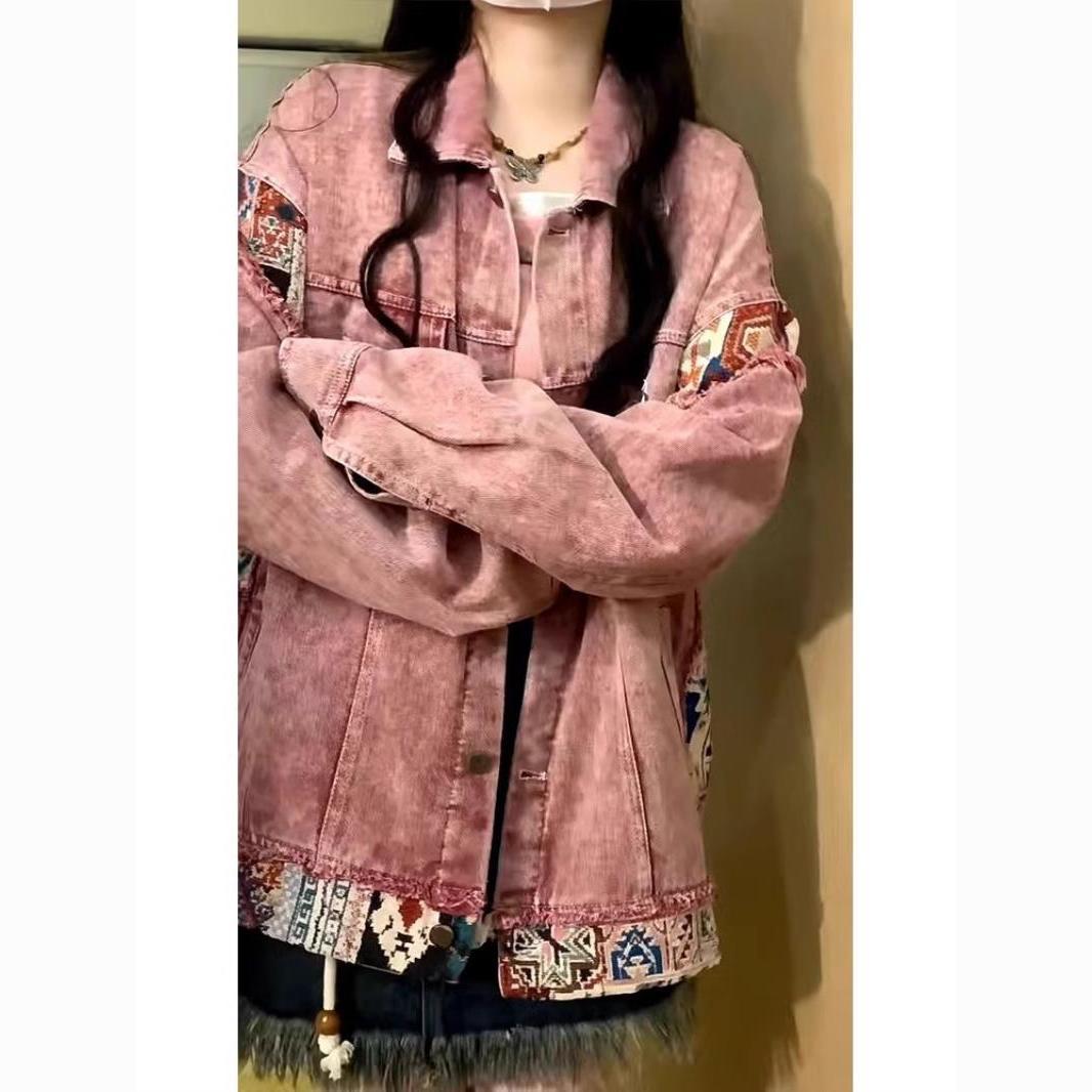 美式復古拼接粉色牛仔外套女春秋季寬鬆設計感小眾工裝夾克上衣潮
