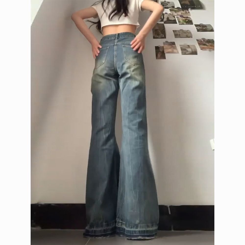 美式復古微喇叭牛仔褲女秋季新款設計感高腰寬鬆闊腿顯瘦拖地褲子