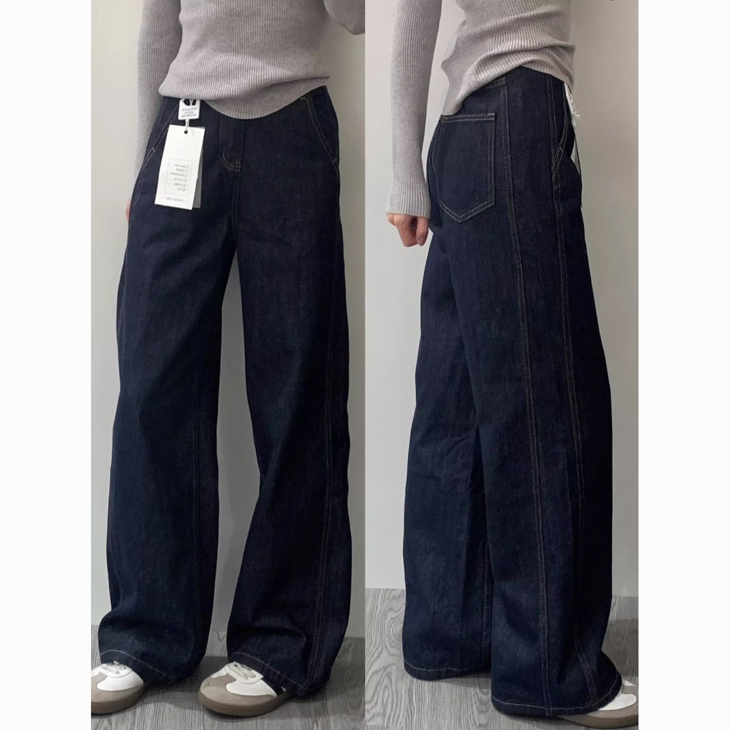 大码深蓝色阔腿牛仔裤女2025春秋新款小个子高腰显瘦宽松直筒裤子