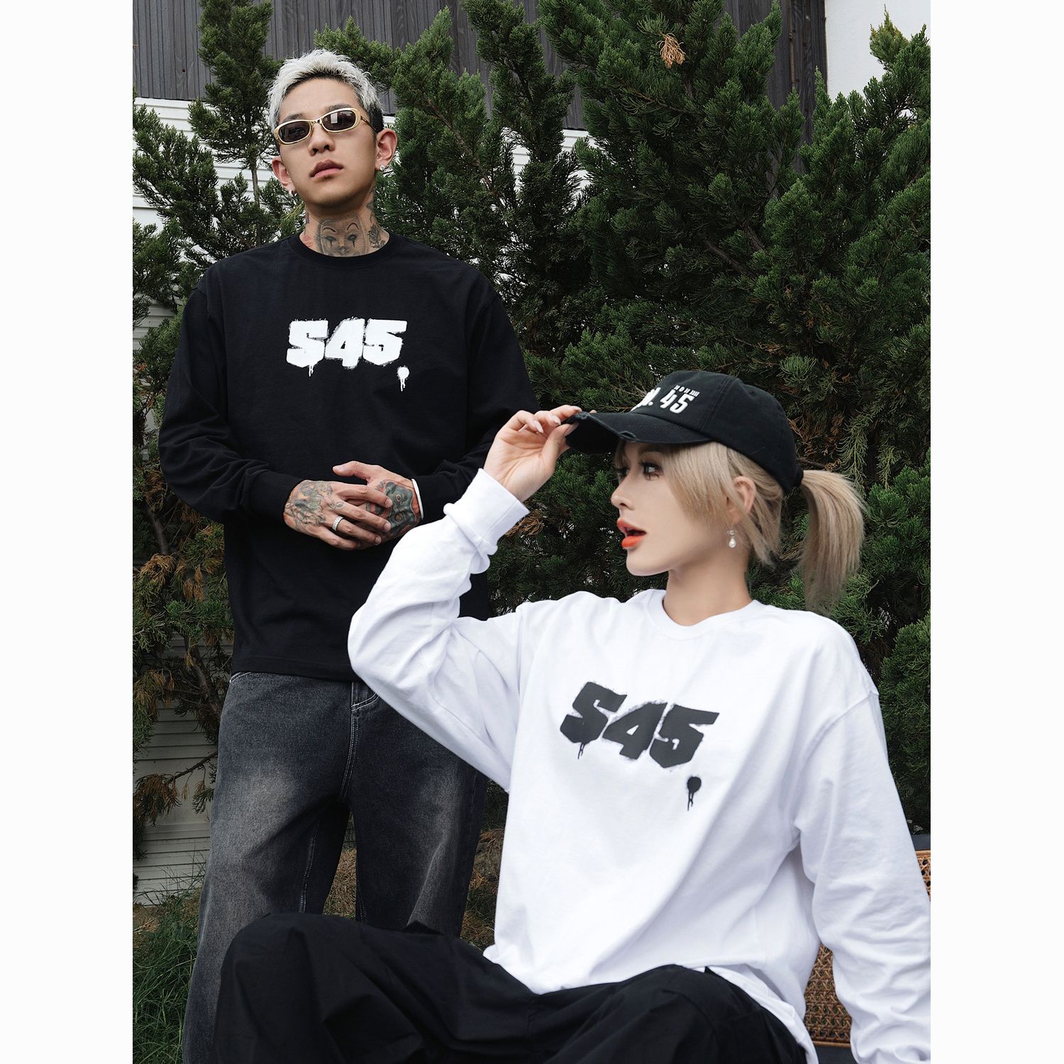 S45春秋新款喷墨logo长袖t恤男士基础纯棉百搭圆领套头潮流上衣男