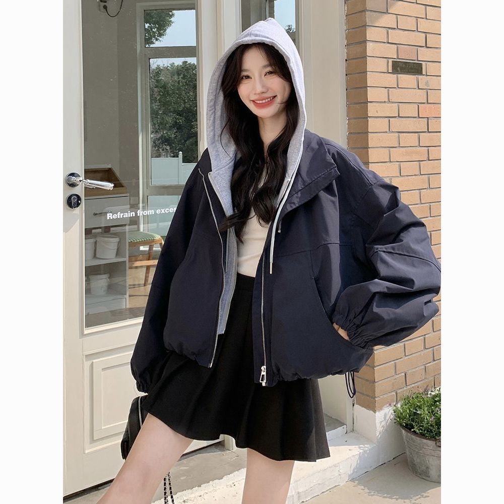 胖MM大码300斤韩系连帽拼接假两件外套女秋季时尚设计感夹克上衣