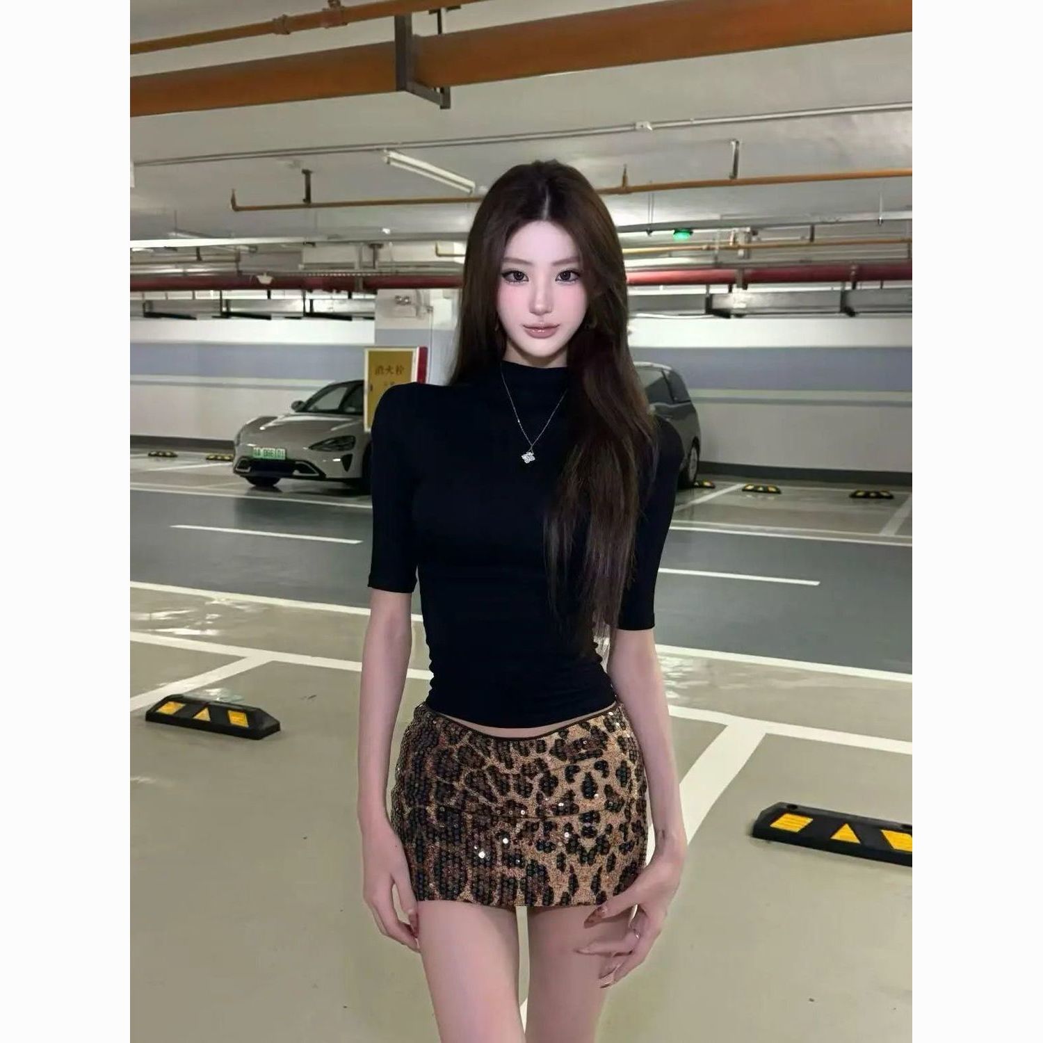 纯欲套装女紧身半高领T恤上衣修身显瘦豹纹包臀半身裙辣妹两件套