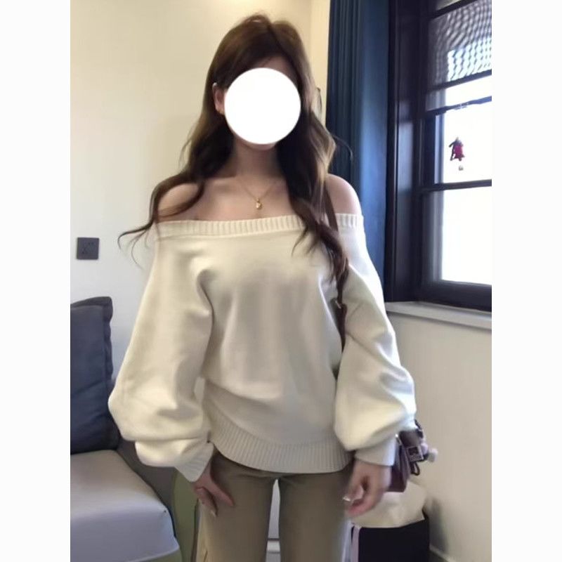 白色一字肩长袖套头毛衣女秋季慵懒风宽松显瘦小个子辣妹露肩上衣