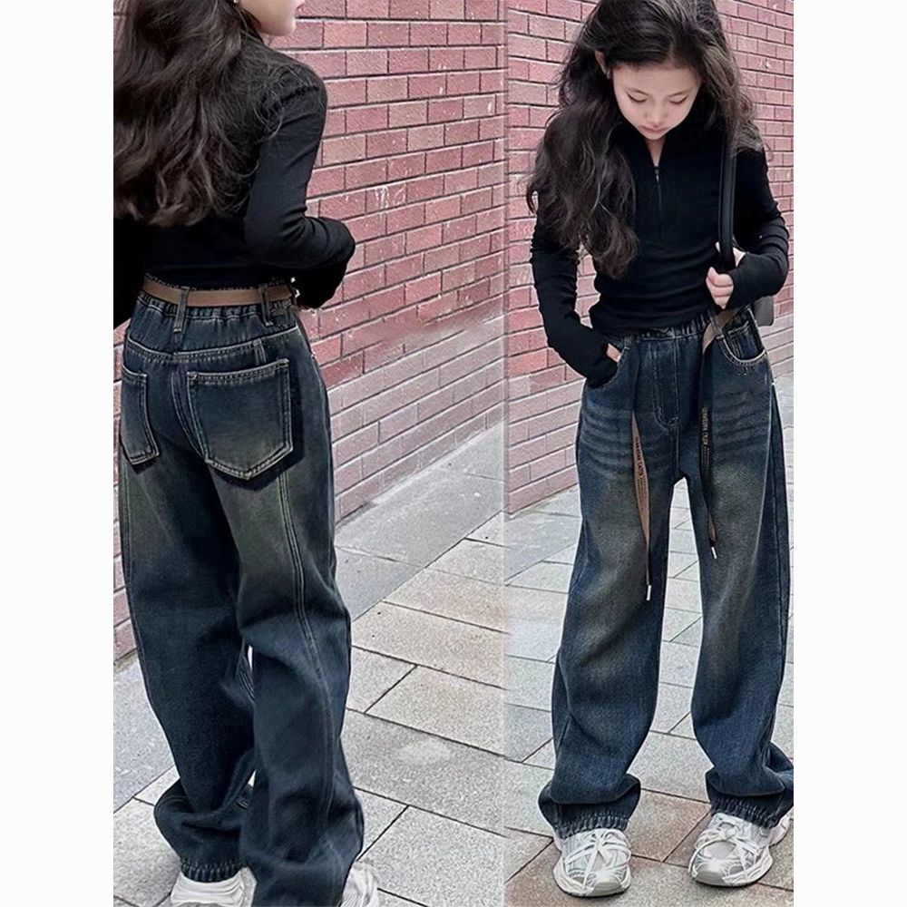 韩国童装2025女童秋冬季加绒牛仔裤中大童宽松拖地直筒裤纯色洋气