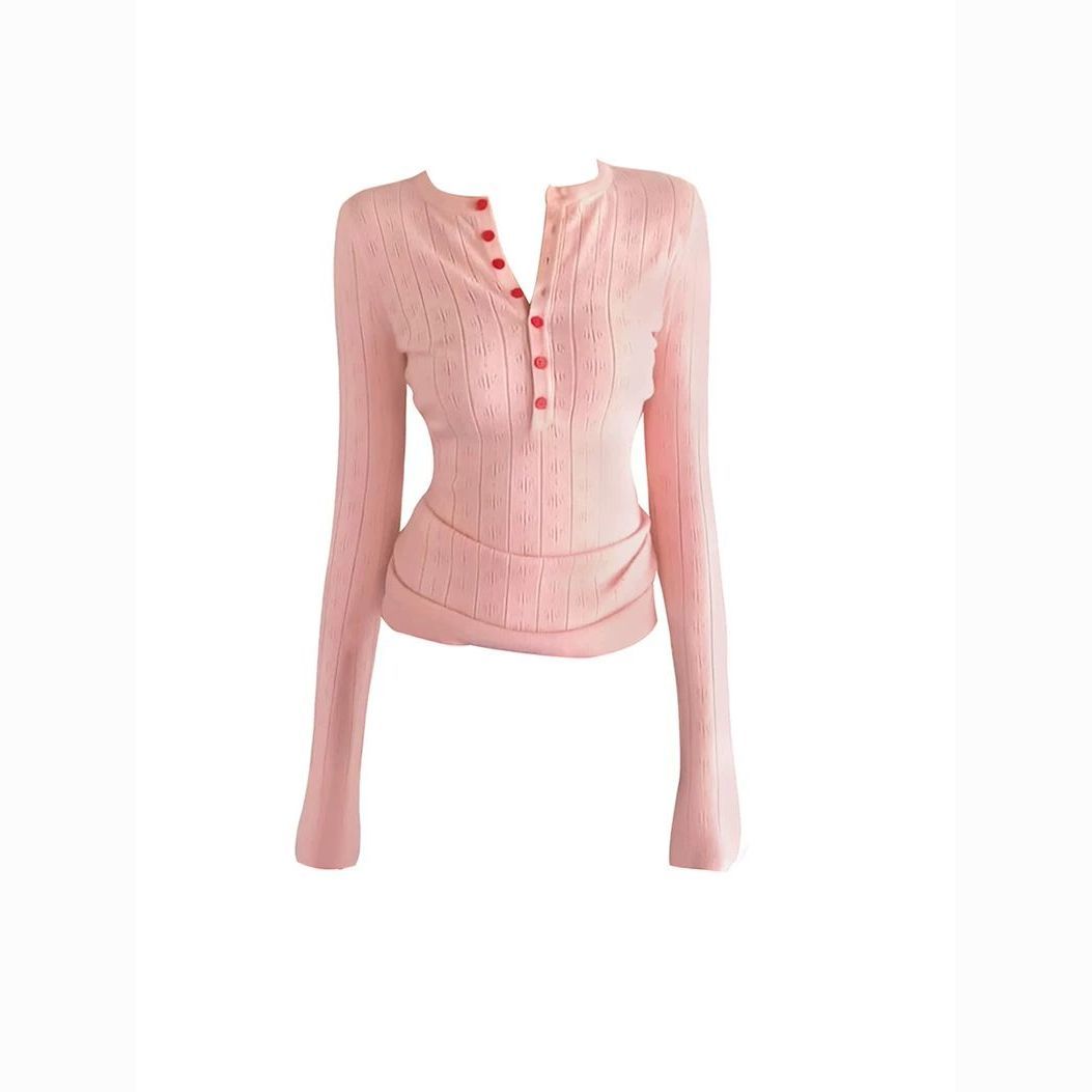 韩系甜辣妹半开领粉色长袖t恤秋季设计感修身显瘦内搭打底衫上衣